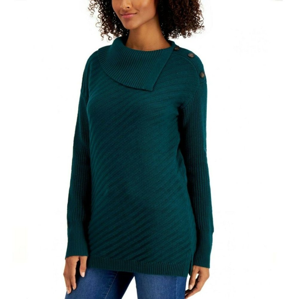 Style&Co Petite PS Tree Green Envelope Neck Long Sleeve Tunic Sweater NWT BV54